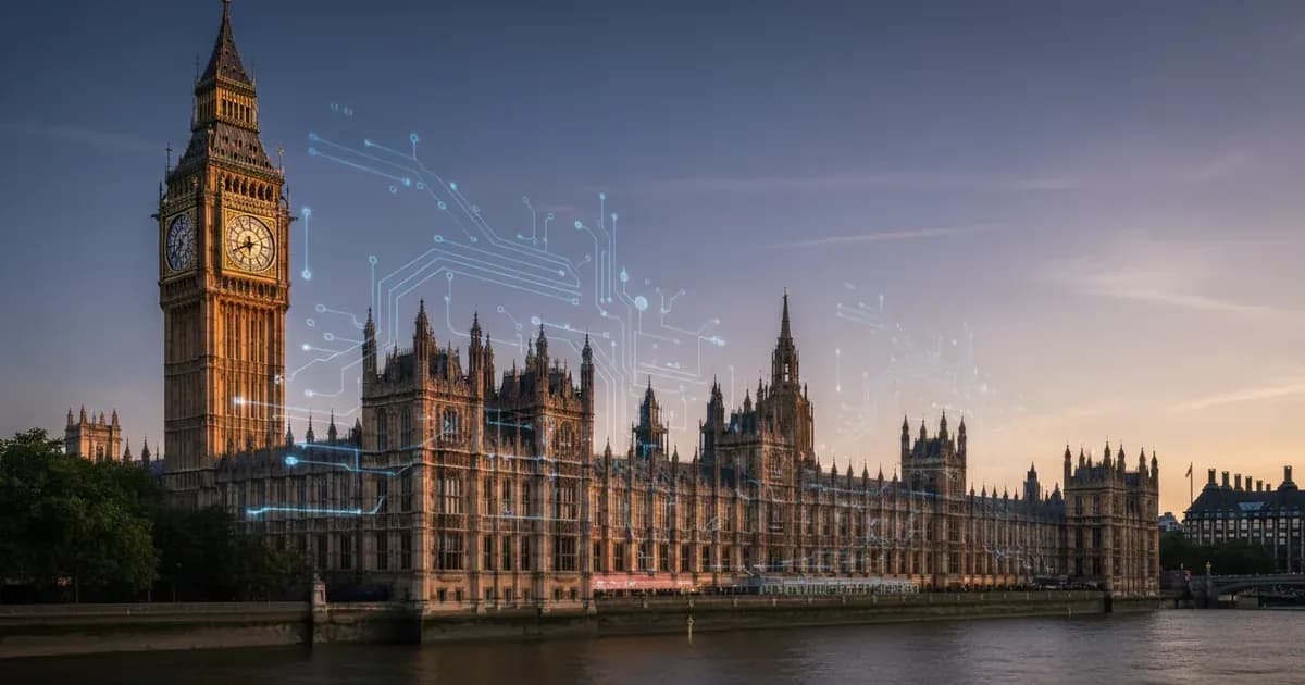 A close-up of the UK Parliament building with a subtle overlay of energy infrastructure schematics — SolarNevs spec card