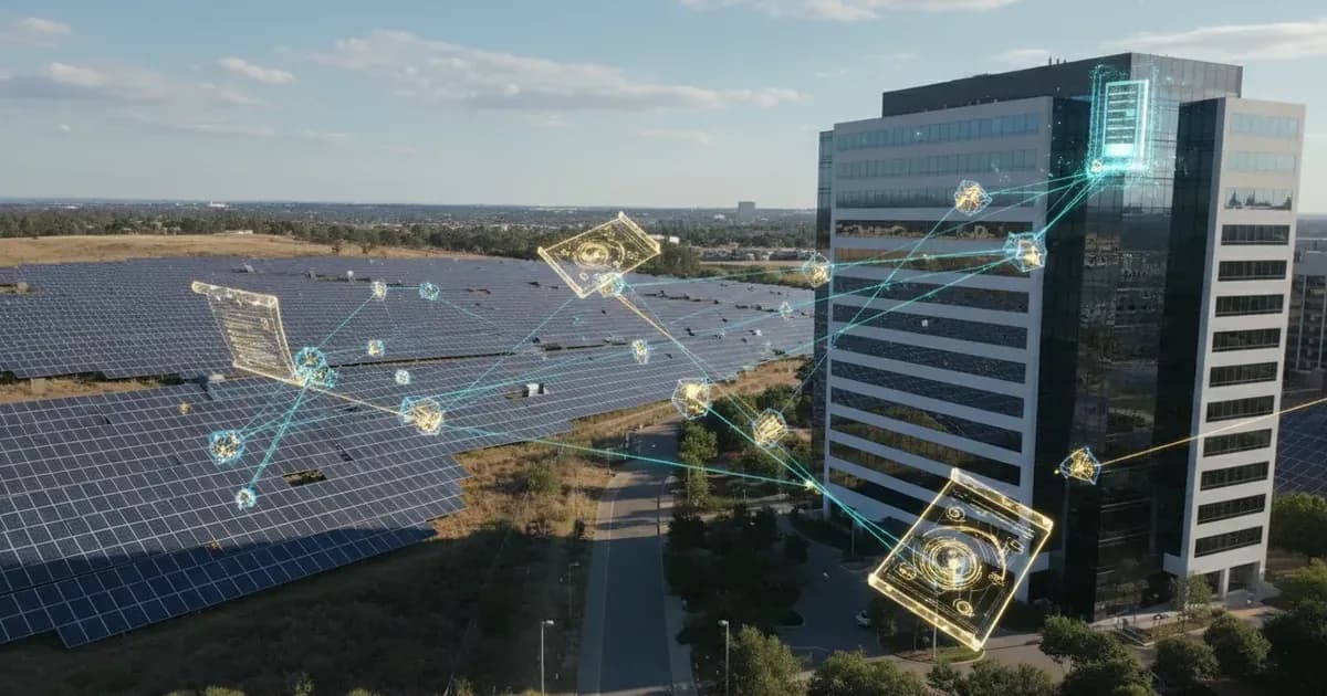 A digital representation of energy flow, with data points and virtual contracts linking a solar farm to a corporate office building — SolarNevs spec card