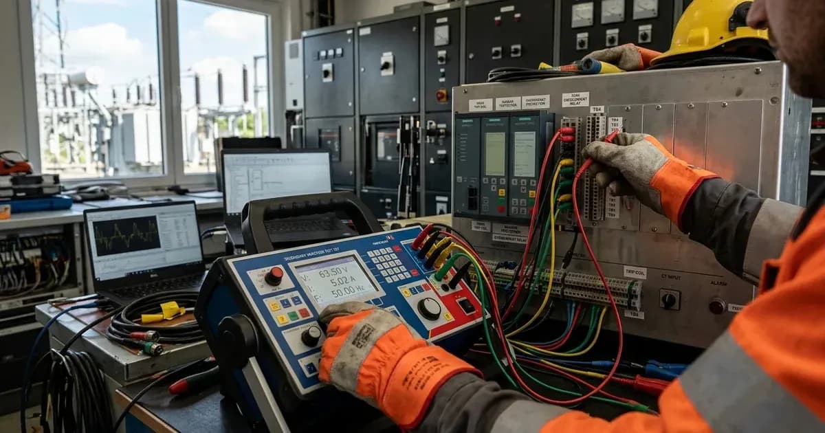 Engineer using a secondary injection test set on electrical protection relays inside a substation control room. — SolarNevs spec card