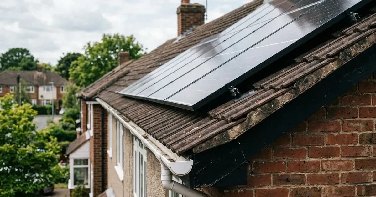 Side view of solar panels mounted low-profile on a tiled roof of a UK residential house. — SolarNevs spec card