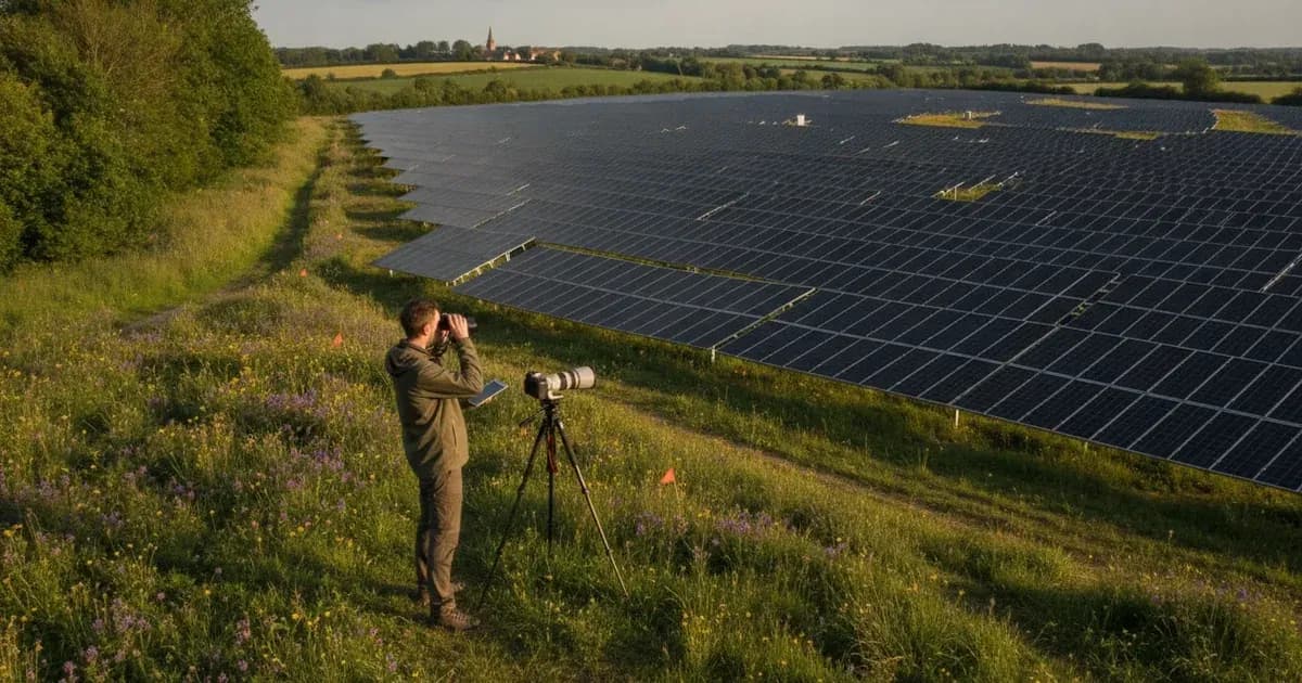 Ecological consultant conducting a biodiversity and landscape visual impact assessment on a commercial solar farm site in England — SolarNevs spec card