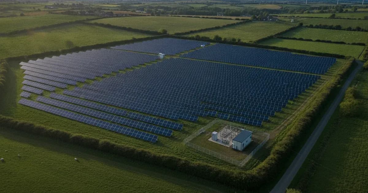 Aerial view of a 49.9MW utility-scale solar farm in the UK designed below the 50 megawatt statutory threshold — SolarNevs spec card