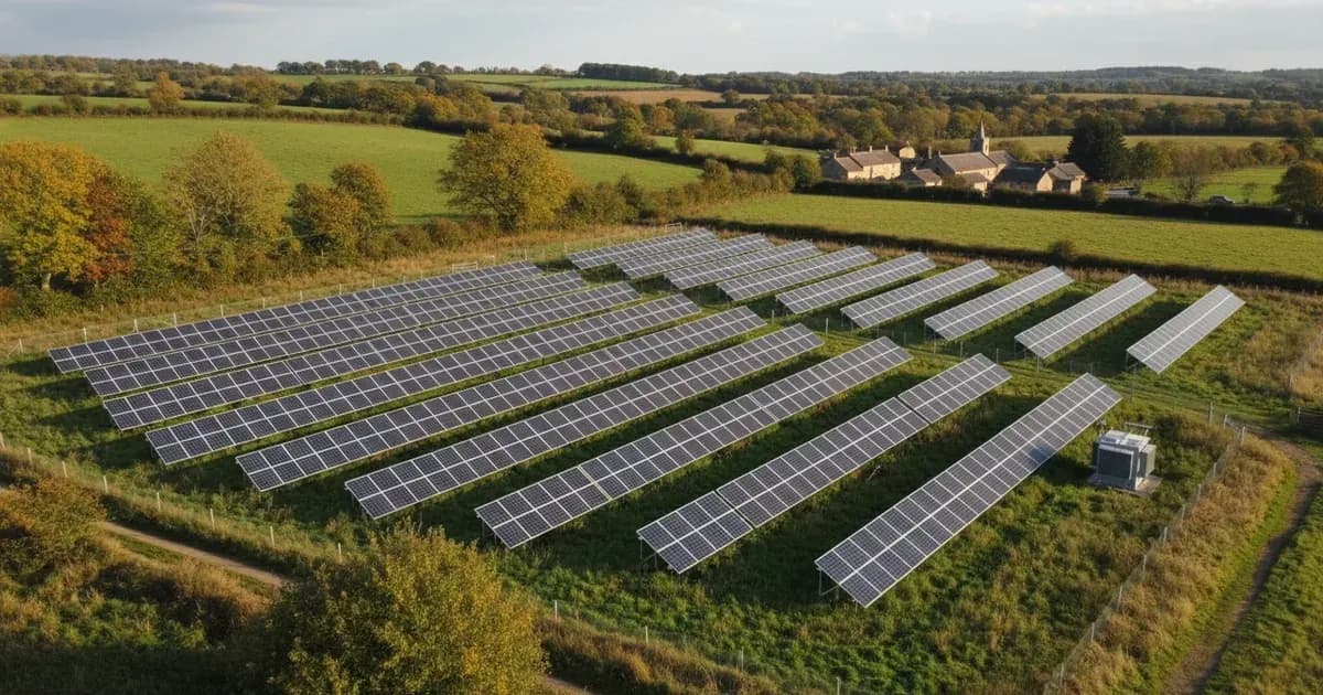 A photo of a small-to-medium scale solar farm in the UK countryside — SolarNevs spec card