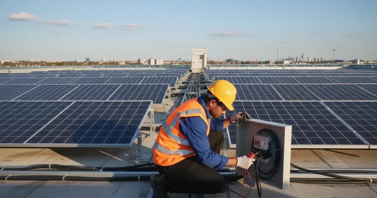 A commercial solar array on a large rooftop, with a DNO engineer in high-vis inspecting a connection point — SolarNevs spec card