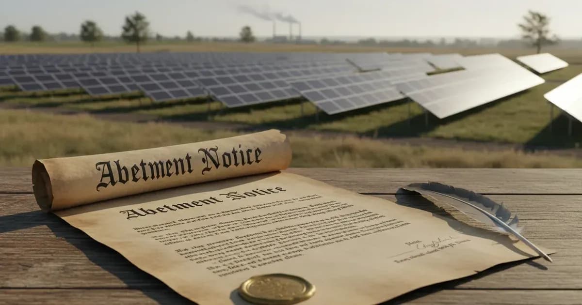 A stylized image of a formal legal document titled "Abatement Notice" with a solar farm in the background — SolarNevs spec card