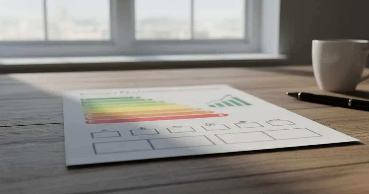 A printed Energy Performance Certificate (EPC) document displayed on a table — SolarNevs spec card