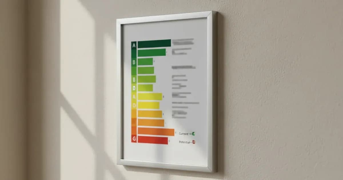 A close-up of a generic Energy Performance Certificate (EPC) showing the A-G rating scale — SolarNevs spec card
