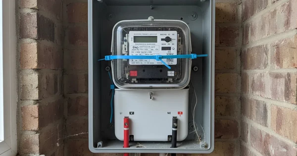 Photo of a sealed UK domestic electricity meter and cut-out enclosure, clearly showing DNO seals and polarity markings — SolarNevs spec card