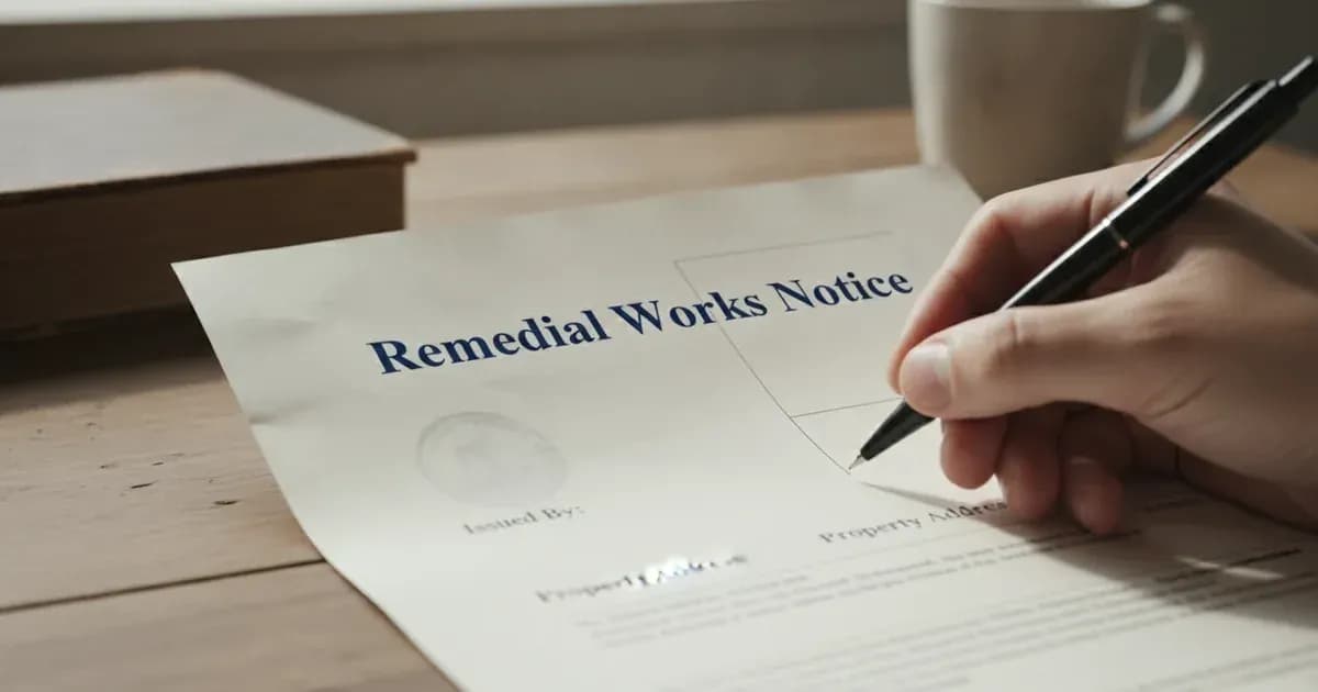 A close-up of an official-looking document with "Remedial Works Notice" visible, partially obscured by a hand holding a pen — SolarNevs spec card