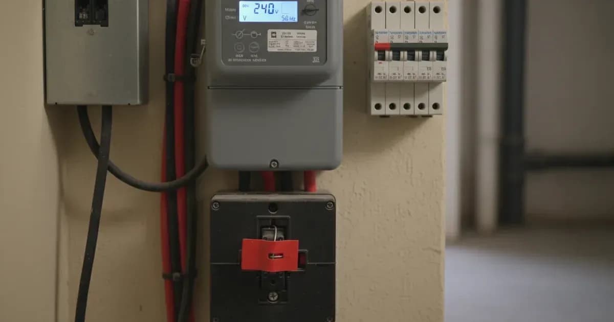 Close-up of a UK electrical meter with a DNO cut-out seal, showing voltage and frequency readings — SolarNevs spec card