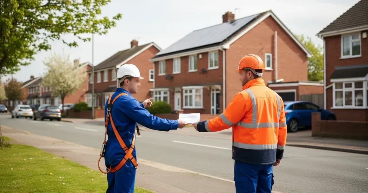 photo of a DNO engineer handing a document to a solar installer on a UK residential street — SolarNevs spec card