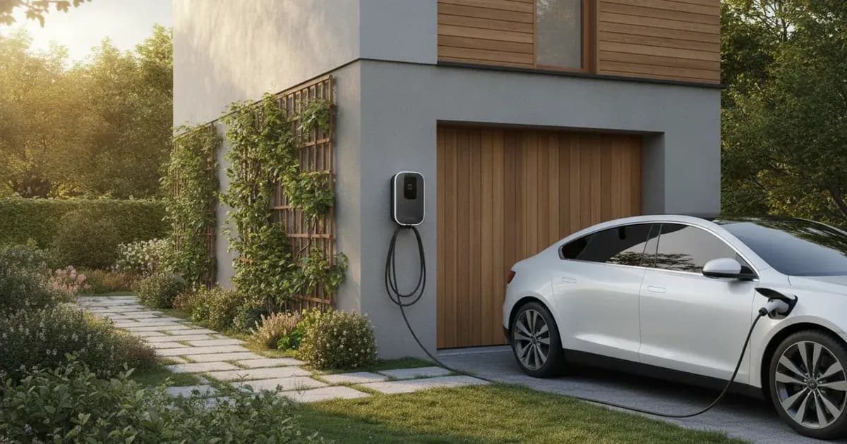 A photo of an EV charging point installed at a residential property, with a focus on its integration into the home's exterior — SolarNevs spec card