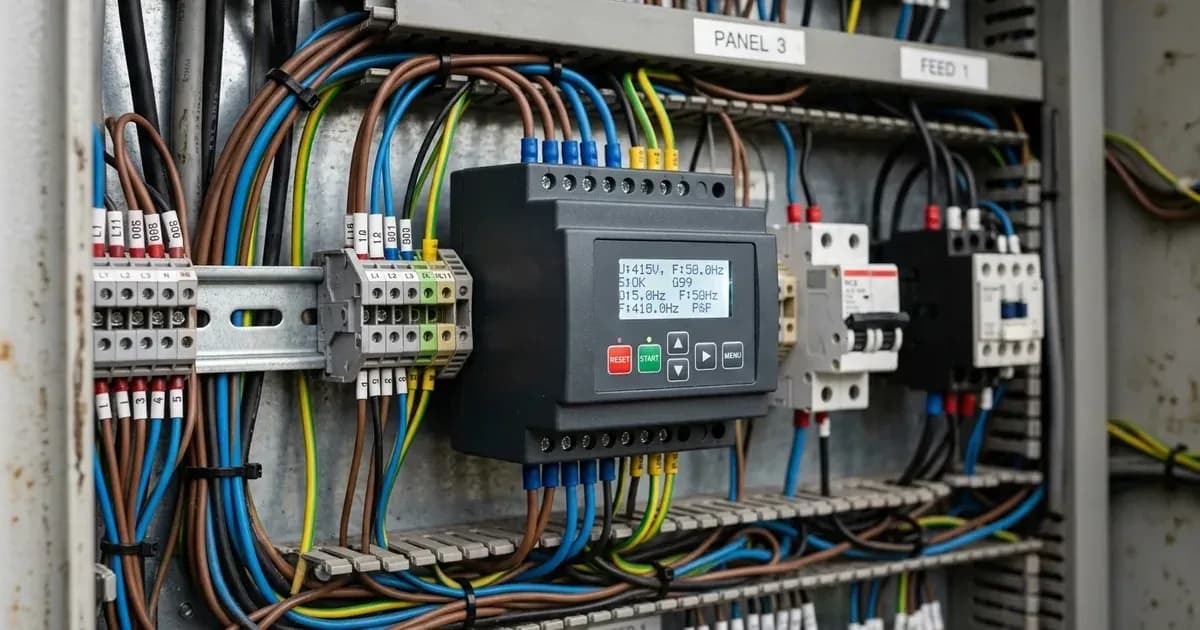 G99 protection relay with digital display and wiring mounted on a DIN rail in an electrical control panel. — SolarNevs spec card