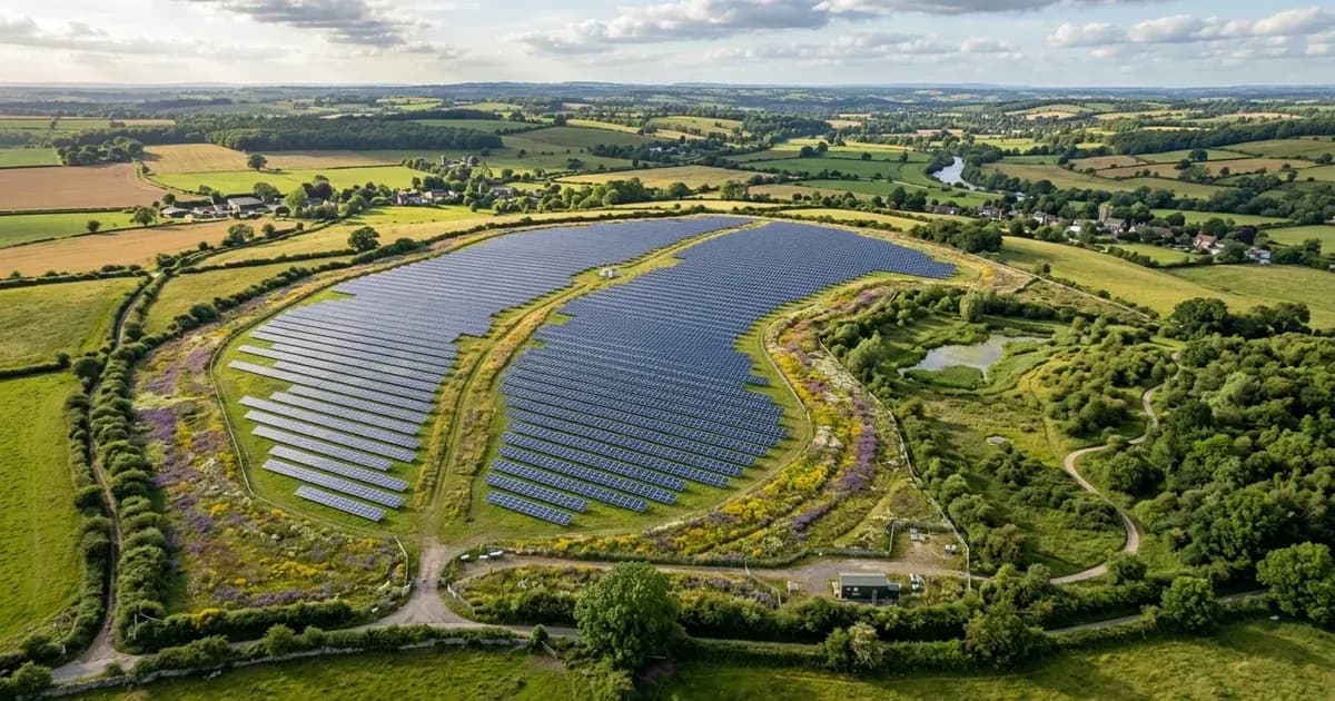Aerial view of a ground-mounted solar farm with wildflower ecological buffers in the British countryside. — SolarNevs spec card
