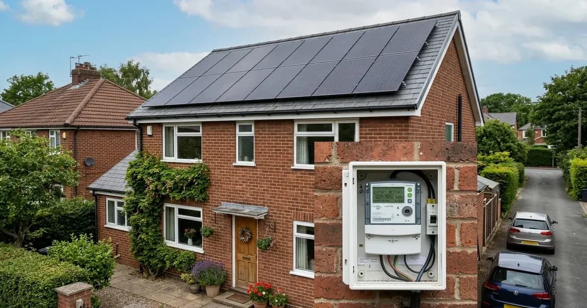 Residential rooftop solar panels on a brick house with an external digital electricity export meter. — SolarNevs spec card