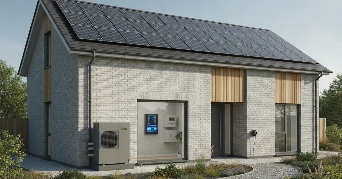 A modern UK home with solar panels on the roof, a heat pump unit outside, and a smart meter display visible through a window — SolarNevs spec card