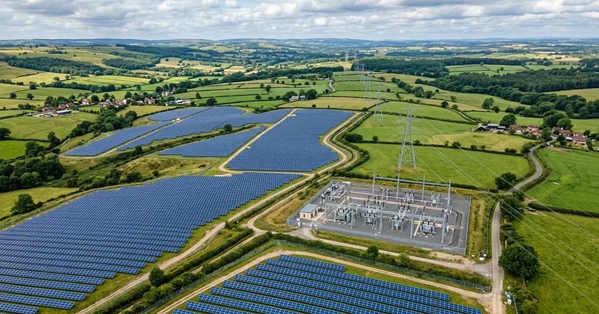 Aerial view of a large commercial solar farm connected to an electrical substation with power pylons. — SolarNevs spec card
