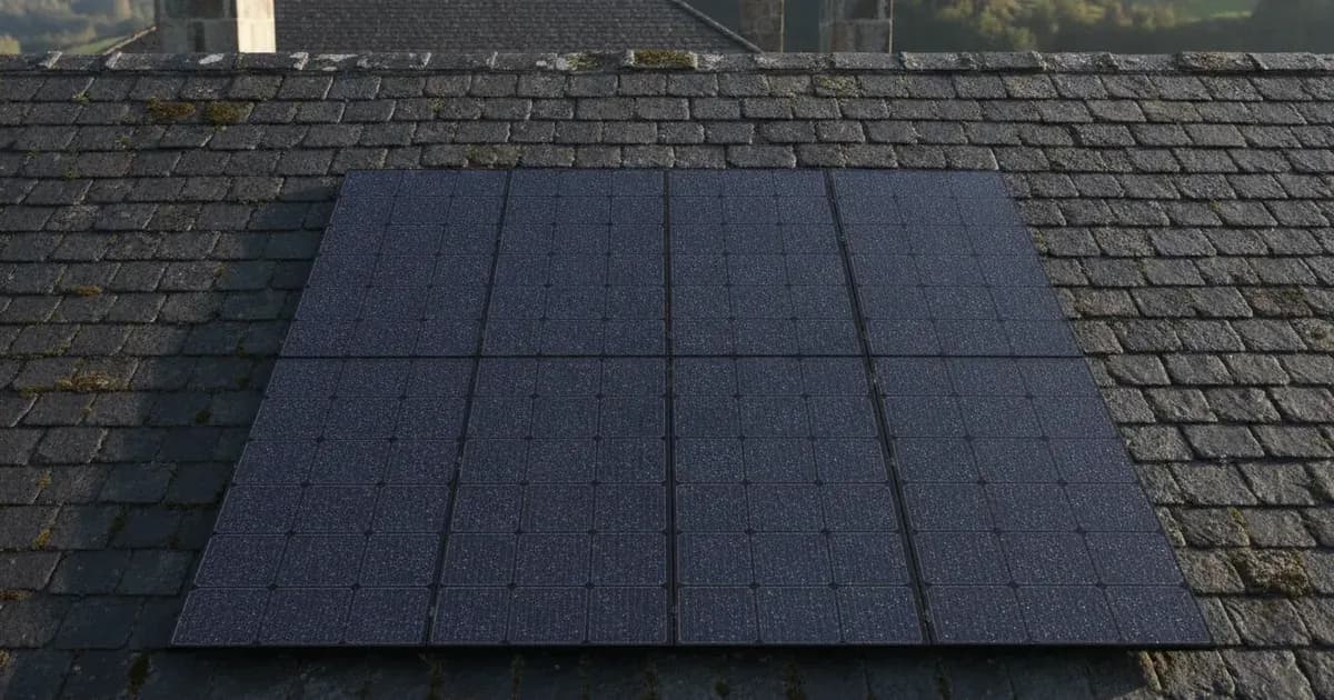 A close-up of BIPV solar tiles seamlessly integrated into a historic slate roof, showing no visible fixings or cables, with a subtle colour match — SolarNevs spec card