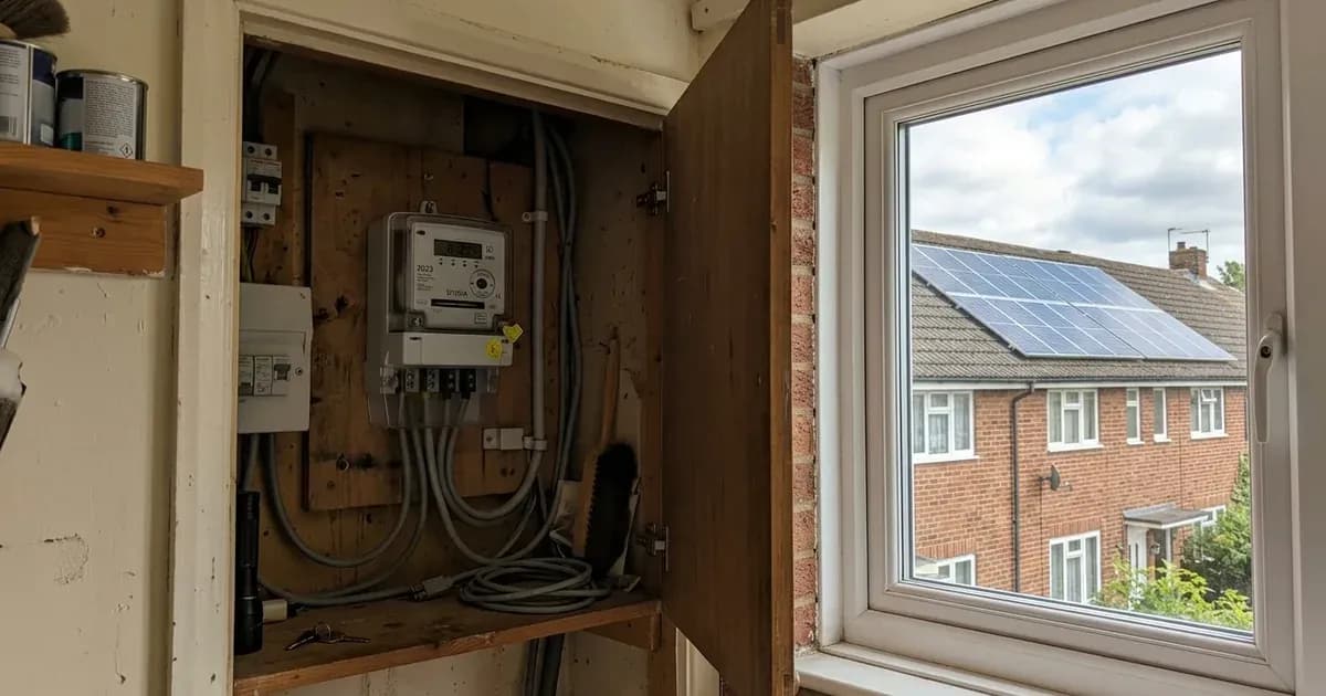 Electrical submeter in a utility cupboard with rooftop solar panels visible through a nearby window. — SolarNevs spec card