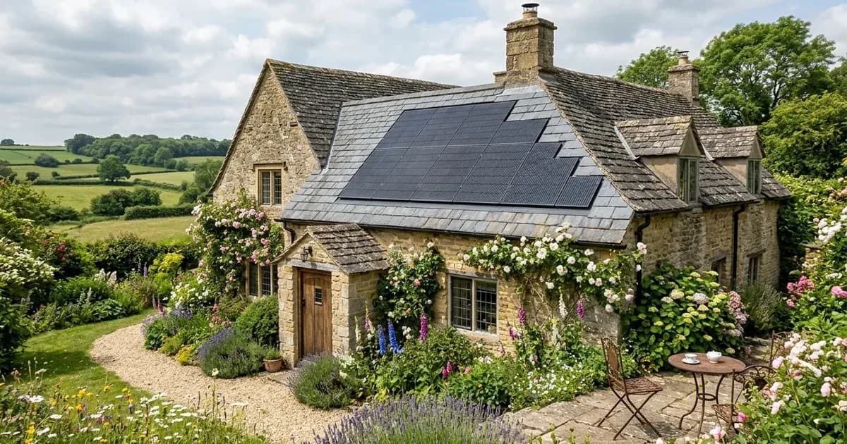 Integrated solar panels on the slate roof slope of a historic stone cottage in the English countryside. — SolarNevs spec card
