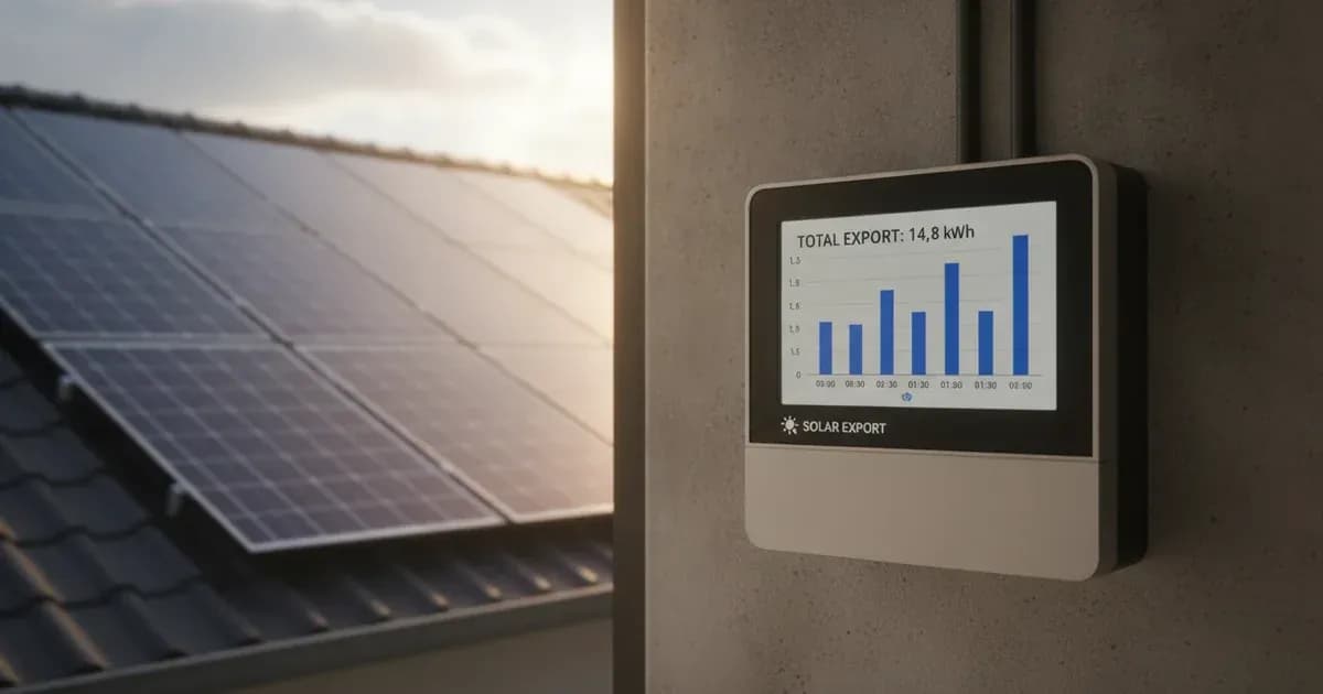A smart meter display showing half-hourly electricity export data, with a solar panel array visible in the background — SolarNevs spec card