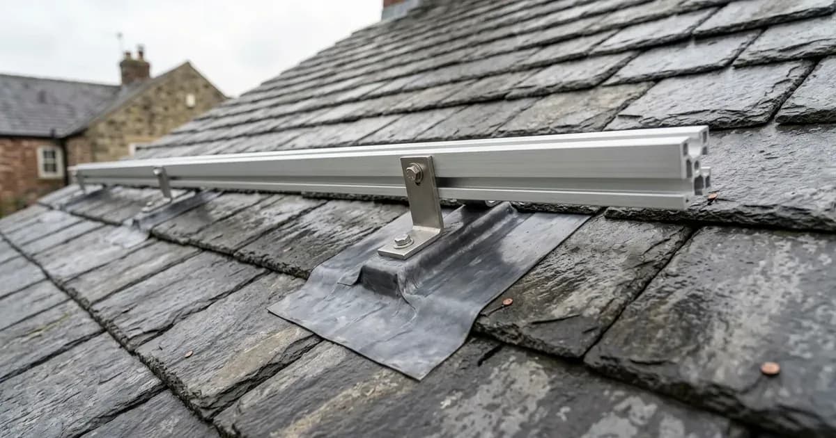 Aluminium solar mounting rail and weatherproofing flashing bracket secured to a pitched slate roof. — SolarNevs spec card