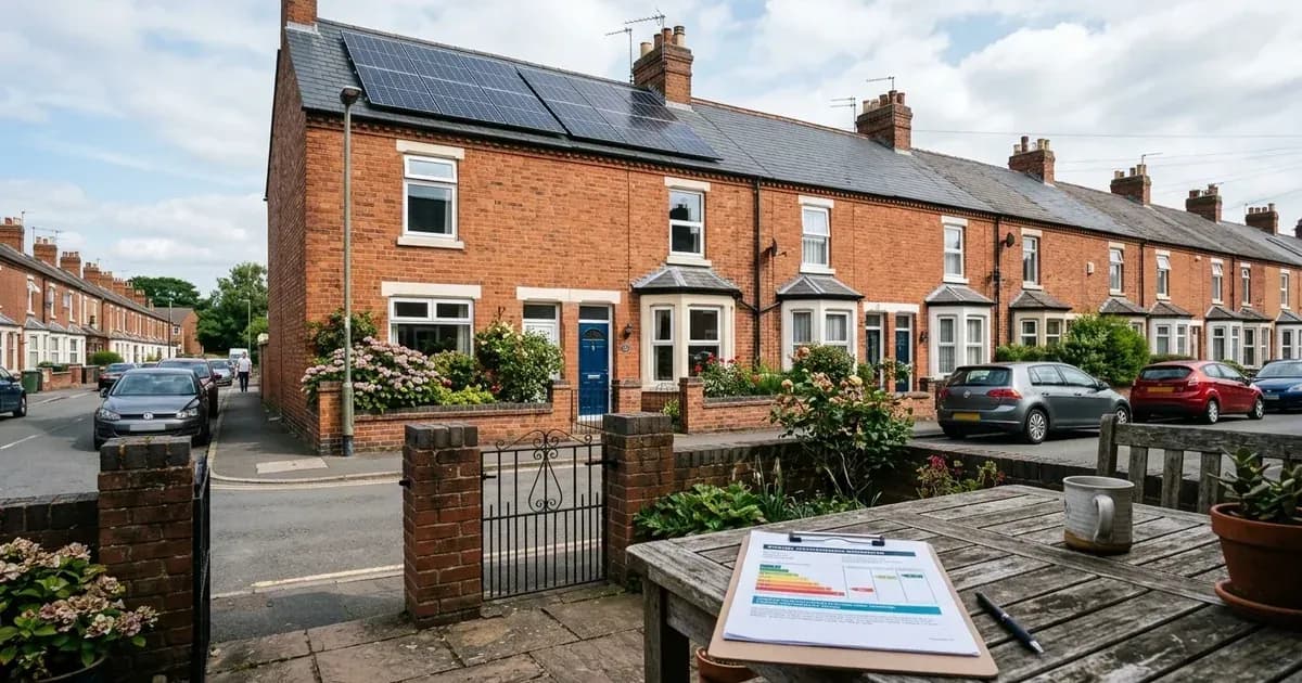 Rooftop solar panels on a terraced house with an energy assessment report on a patio table in the foreground. — SolarNevs spec card