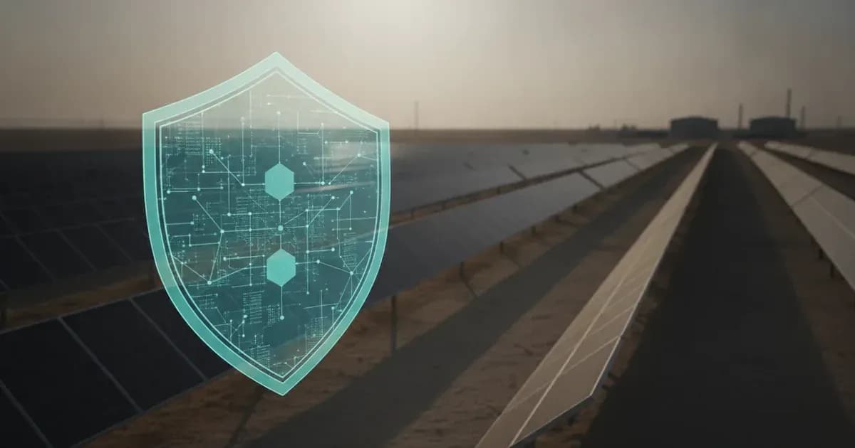 A stylized graphic representing a digital certificate or a blockchain ledger with solar panels in the background — SolarNevs spec card