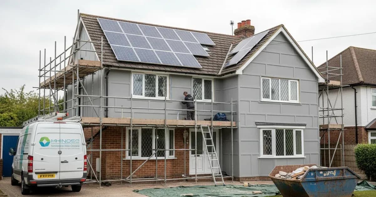 Domestic whole-house energy retrofit in England featuring rooftop solar PV panels and external wall insulation under ECO4 — SolarNevs spec card