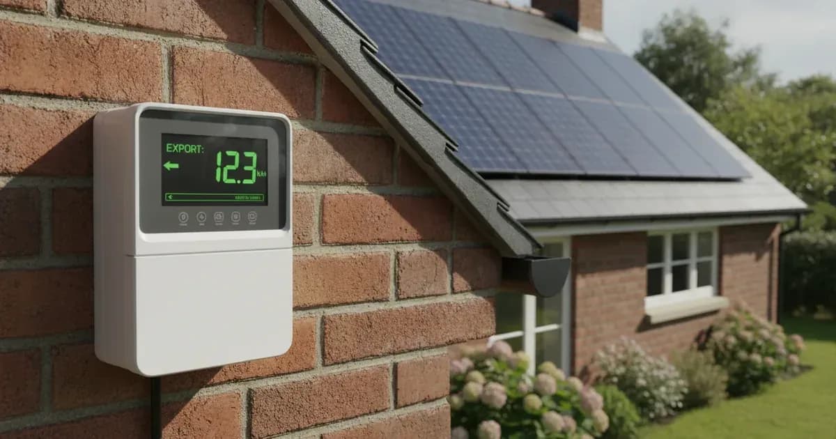 A smart meter displaying export readings, with a solar panel array visible in the background of a Great British home — SolarNevs spec card