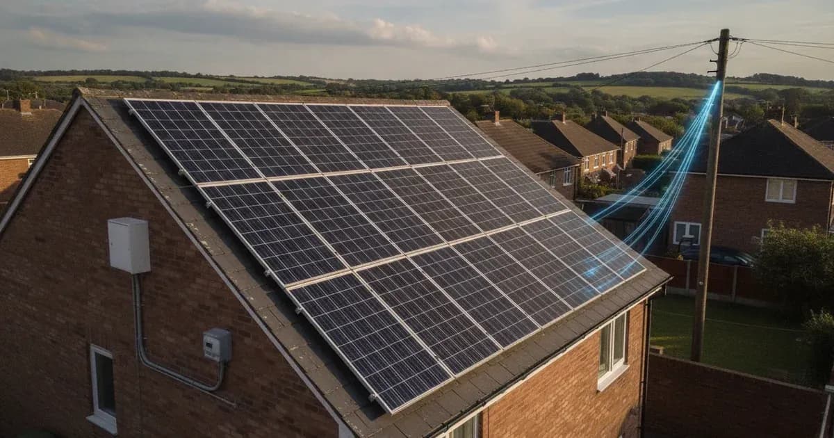 A solar panel array on a residential roof in Great Britain, with electricity flowing back to the grid — SolarNevs spec card