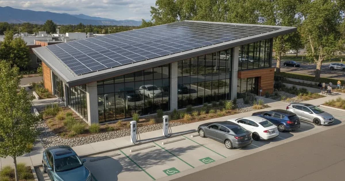 Commercial building with rooftop solar panels and EV charging stations in the foreground — SolarNevs spec card