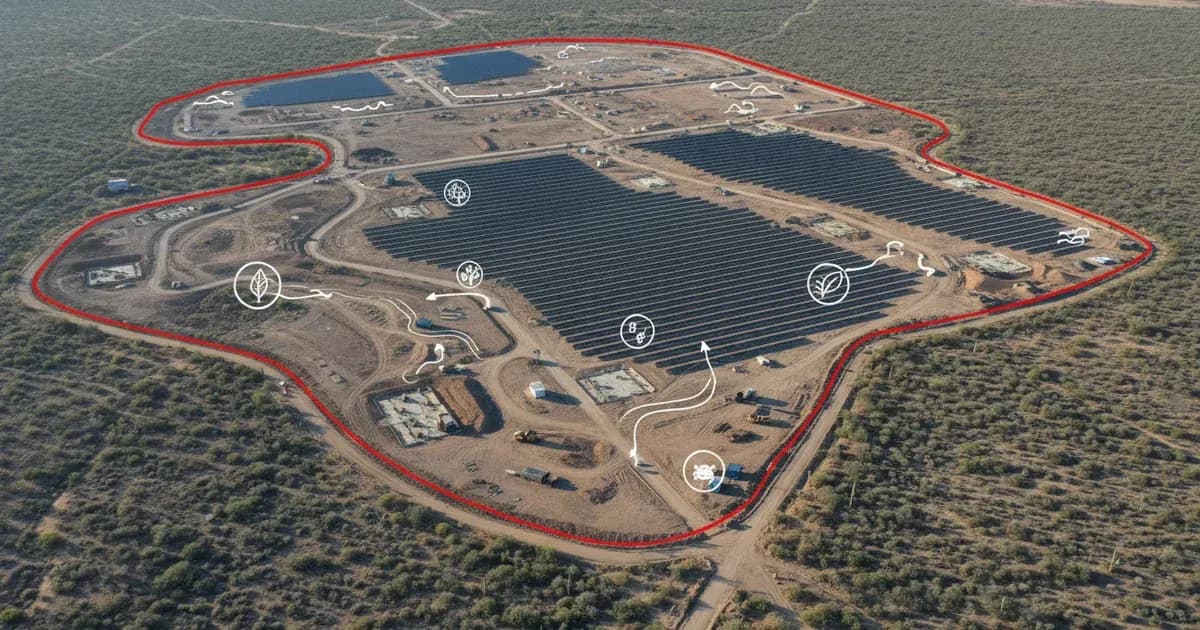 A detailed plan of a solar farm site with red-line boundaries and environmental impact annotations — SolarNevs spec card