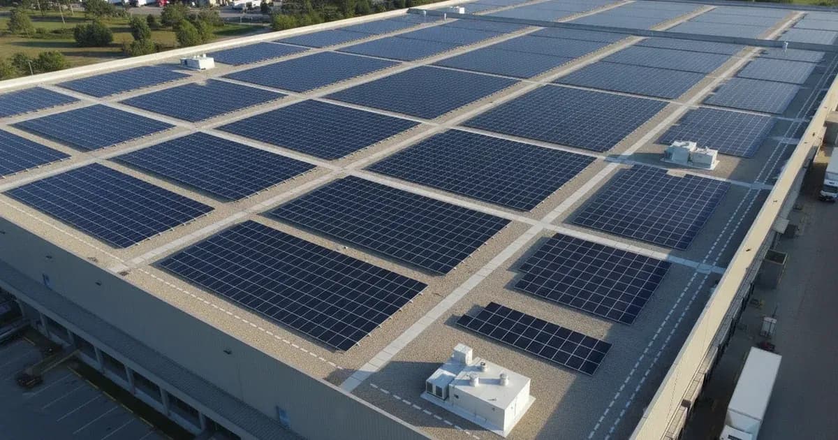 A high-angle shot of a large warehouse roof with solar panels, showing clear access pathways and designated fire breaks — SolarNevs spec card
