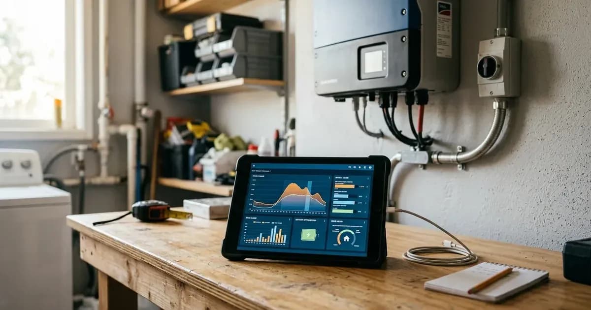 Tablet displaying solar energy storage performance graphs next to a wall-mounted inverter in a utility room. — SolarNevs spec card