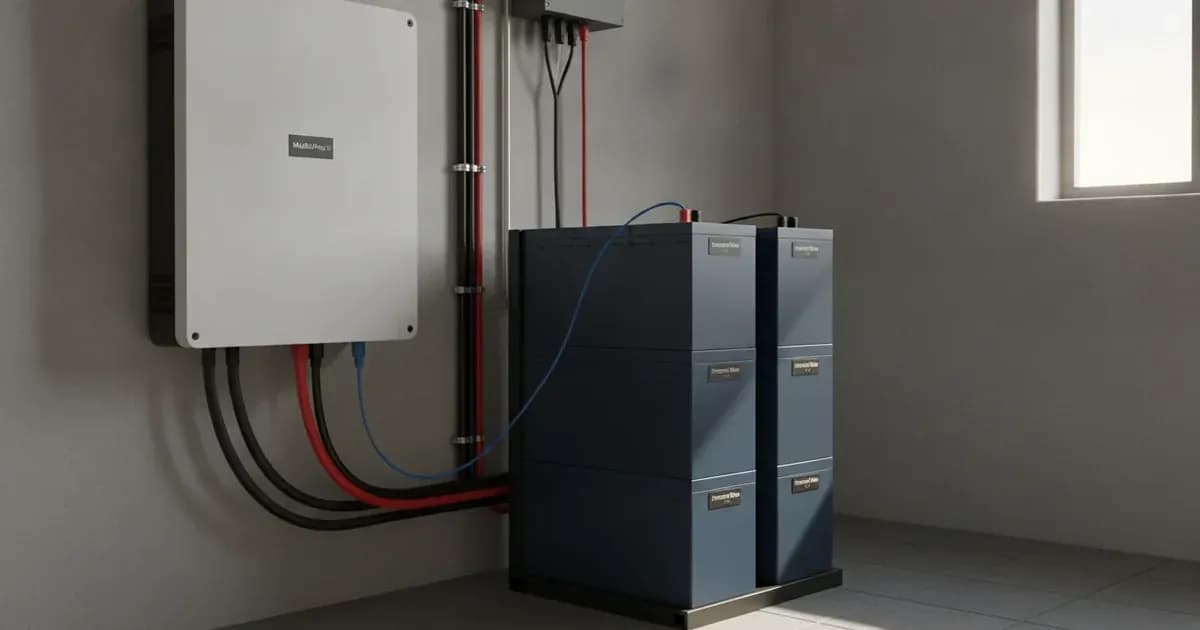 A Victron MultiPlus-II inverter connected via CAN bus to a stack of Freedom Won LiTE batteries — SolarNevs spec card