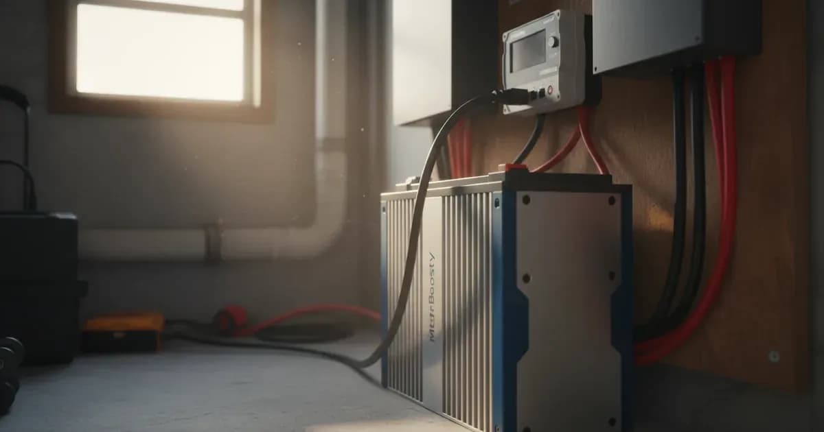 MeterBoost 48V battery unit connected to a Victron Cerbo GX monitoring device on a utility wall. — SolarNevs spec card
