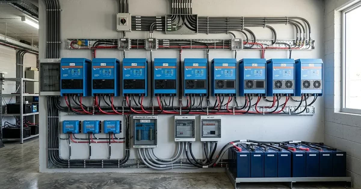 Multiple blue inverter chargers mounted in parallel configuration with conduit wiring and battery bank. — SolarNevs spec card