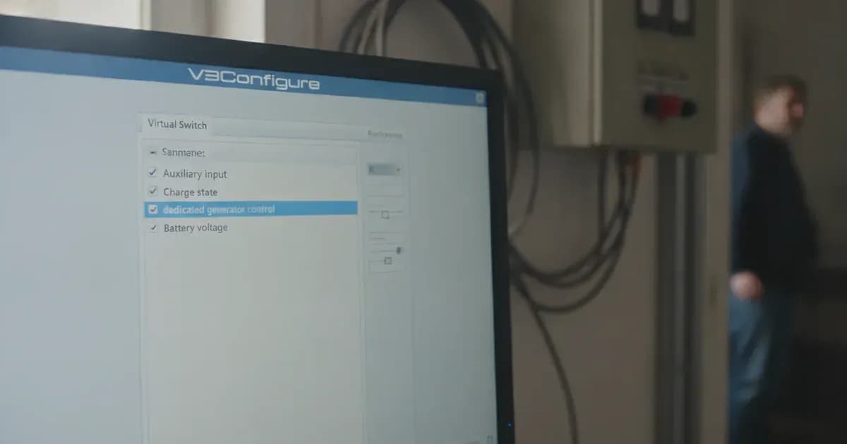 A screenshot of the VEConfigure Virtual Switch tab with 'dedicated generator control' selected — SolarNevs spec card
