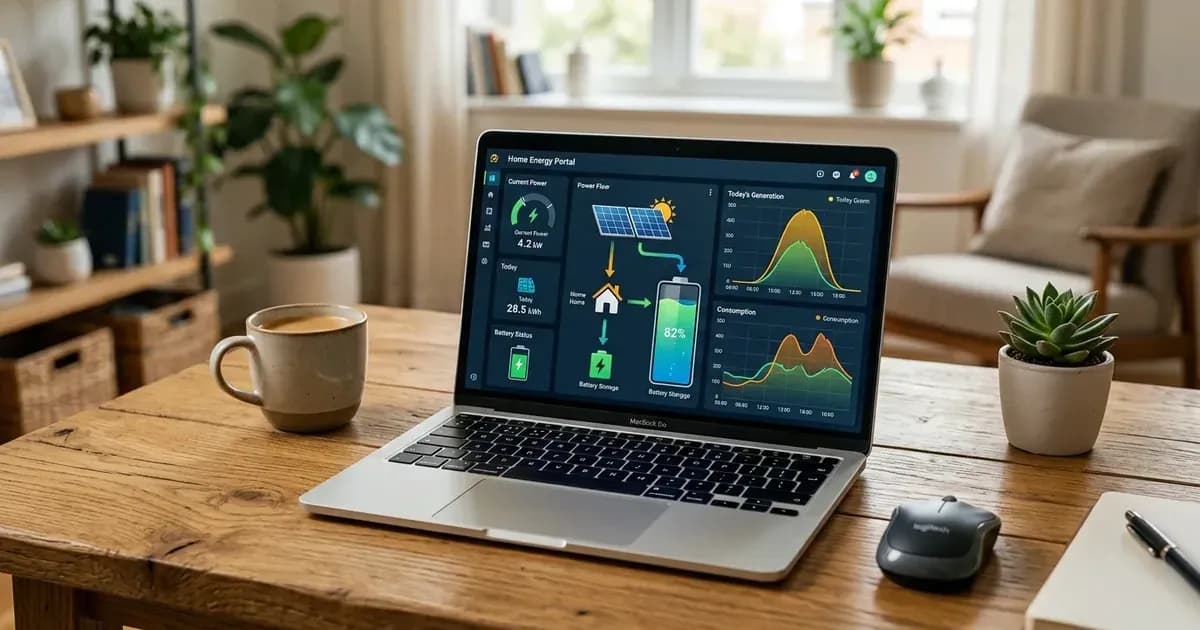 Laptop on a wooden table displaying a solar energy system dashboard with power flow and battery charts. — SolarNevs spec card