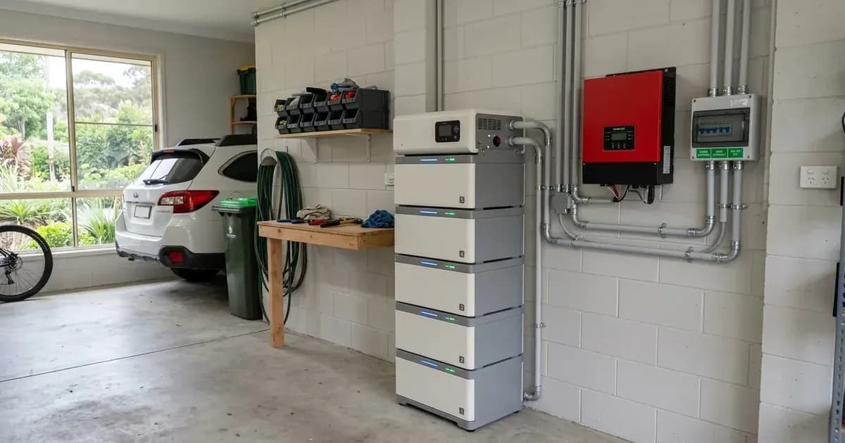 Modular battery tower and inverter installed on a garage wall next to an electrical subpanel. — SolarNevs spec card