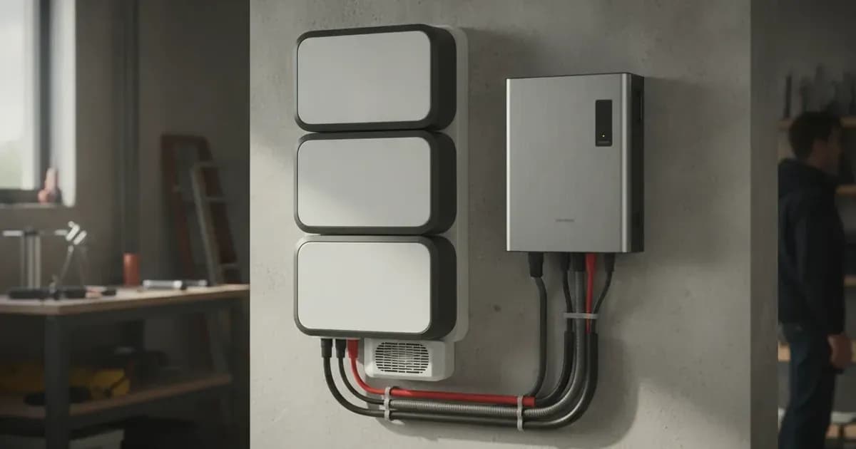 A Huawei LUNA2000 battery system installed on a wall next to a Huawei inverter, with a clear view of its modular design — SolarNevs spec card