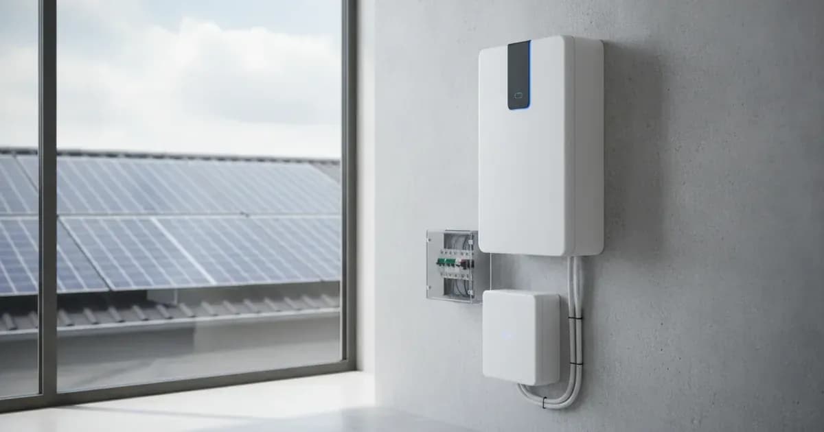A clean, modern photo of an SAJ home battery system installed on a wall, possibly with solar panels visible in the background — SolarNevs spec card
