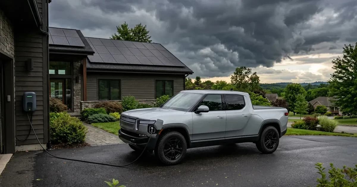 Electric pickup truck charging in a driveway outside a house with solar panels under storm clouds. — SolarNevs spec card