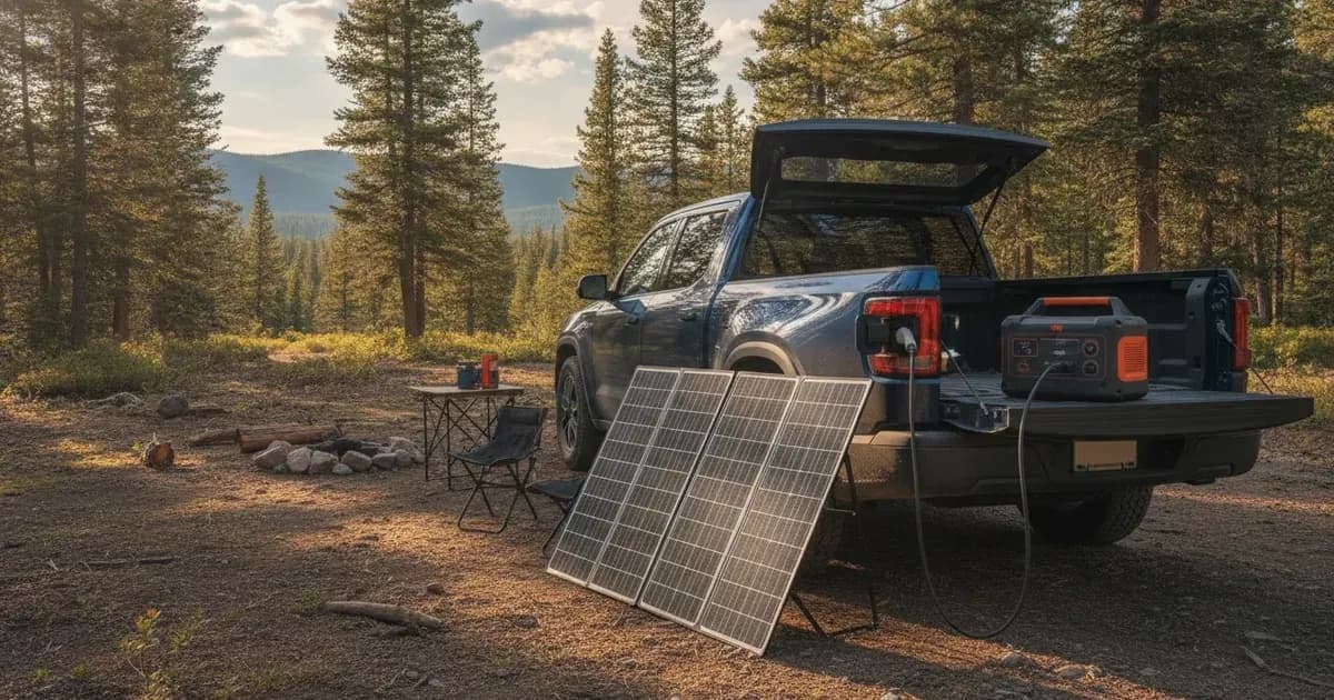 A portable power station on a tailgate connected to an EV charge port at a remote campsite, panels propped nearby — SolarNevs spec card