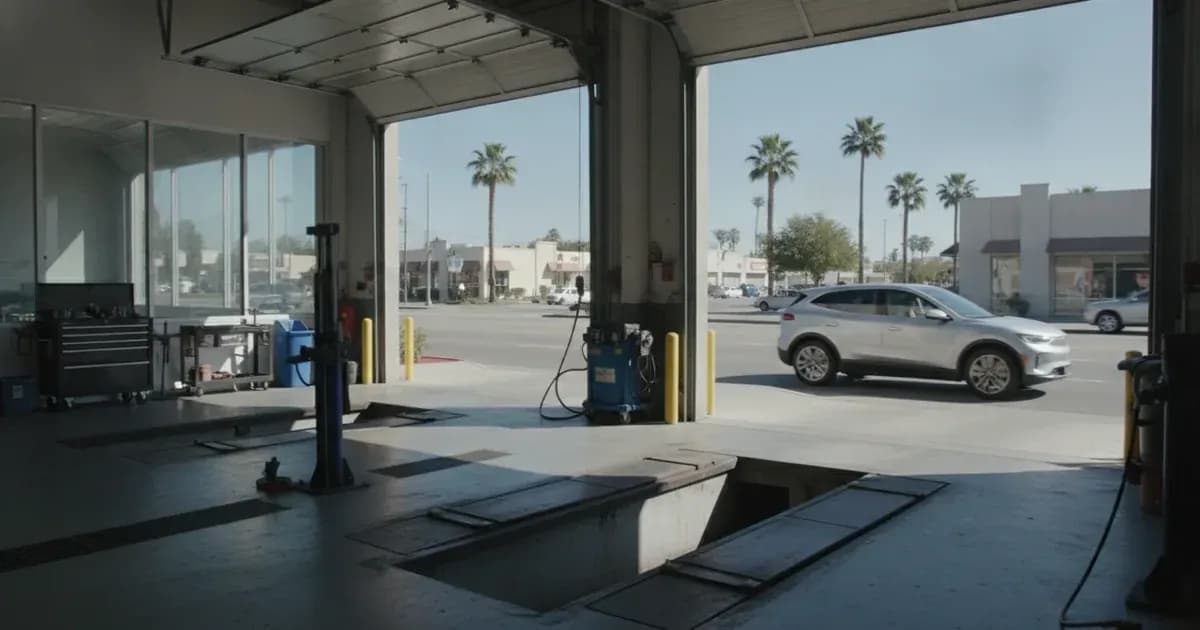 An empty quick-lube bay with an EV driving past it on the street outside — SolarNevs spec card