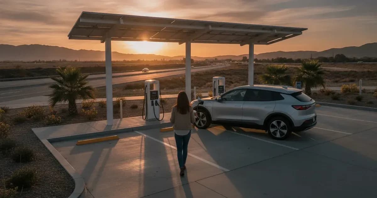 An EV at a highway charging plaza at golden hour, driver walking back with coffee, open road stretching west — SolarNevs spec card