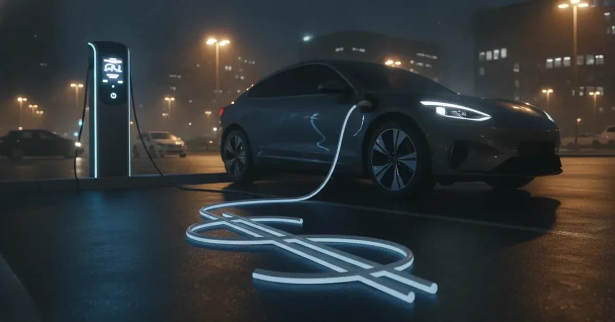 A charging cable coiled into a dollar sign beside an EV at night, meter glowing — SolarNevs spec card
