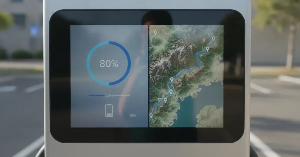 An EV charging screen showing the limit slider set to 80%, road-trip map on the other half — SolarNevs spec card