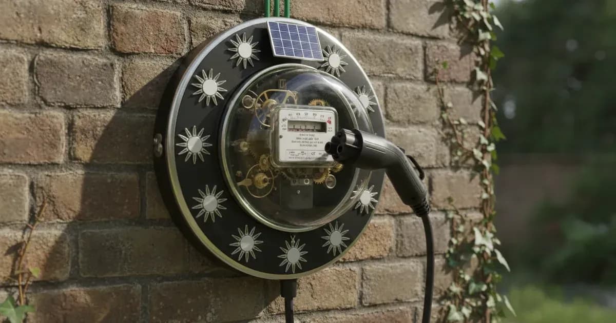 A clock face merged with an electric meter, solar panels at noon position and an EV plug at the night position — SolarNevs spec card